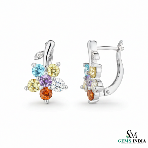 Multicolor Gemstone Flower Drop Earrings– Diamond Accent Floral Cluster Dangle Earrings for Women