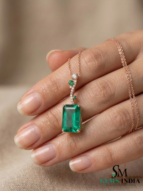 Elegant Emerald Birthstone Pendant for Women-Baguettes Green Emerald & Diamond Pendant