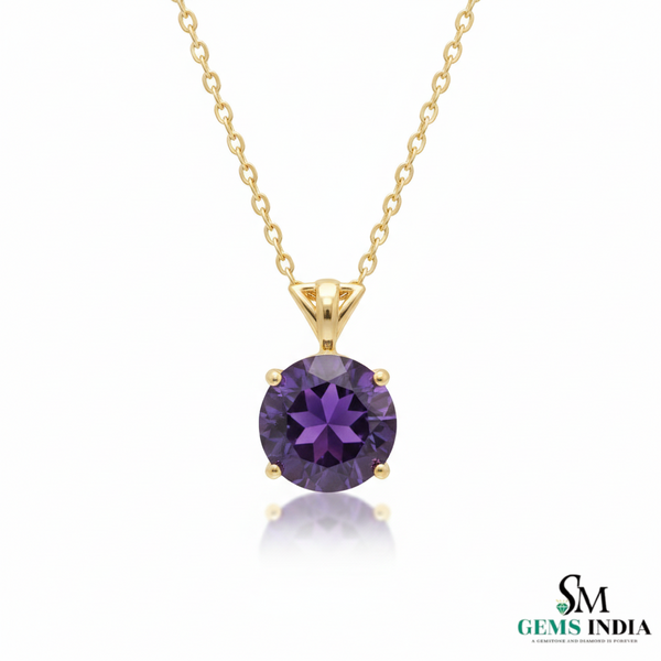 Natural Round Amethyst Gold Solitaire Pendant - February Birthstone