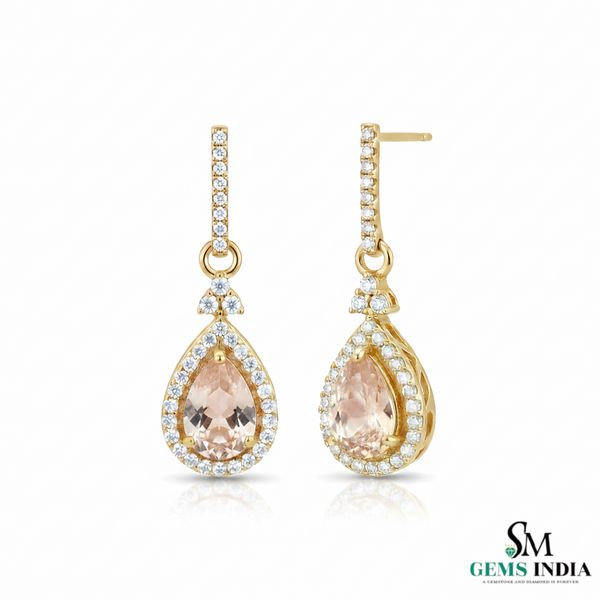 Pear-Shaped Morganite Diamond Halo Dangle Earrings - Pink Gemstone Drop Earrings