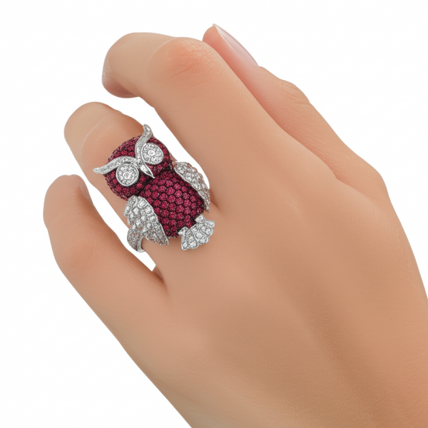 Natural Ruby And Diamond OWL Animal Ring In 18K Solid Gold , Elegant OWL Shape Ring