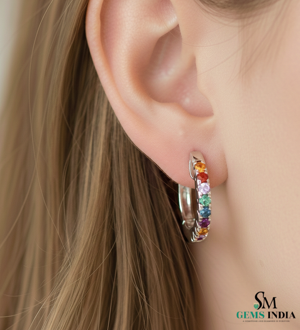 Round Rainbow Multi Gemstone Huggie Hoop Earrings - Fine Gemstone Jewelry