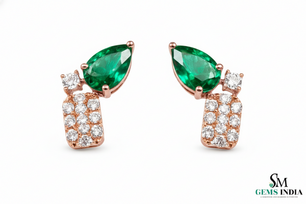 Pear Cut Emerald & Diamond Cluster Stud Earrings - Green Gemstone Jewelry