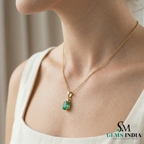 Minimalist Oval Emerald Pendant with Diamond Detail - Green gemstone Jewelry