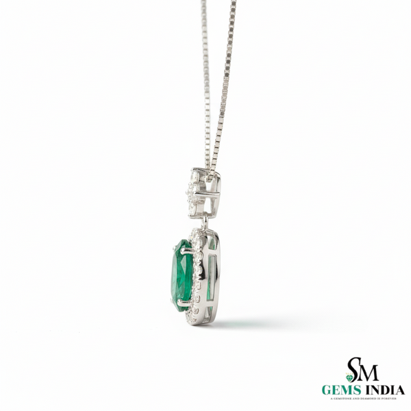 Oval Cut Natural Emerald Pendant with Diamond Halo Gemstone pendant for women
