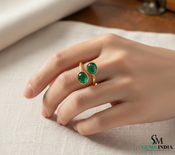 Double Oval Emerald Gold Ring – Modern Bypass Statement Ring