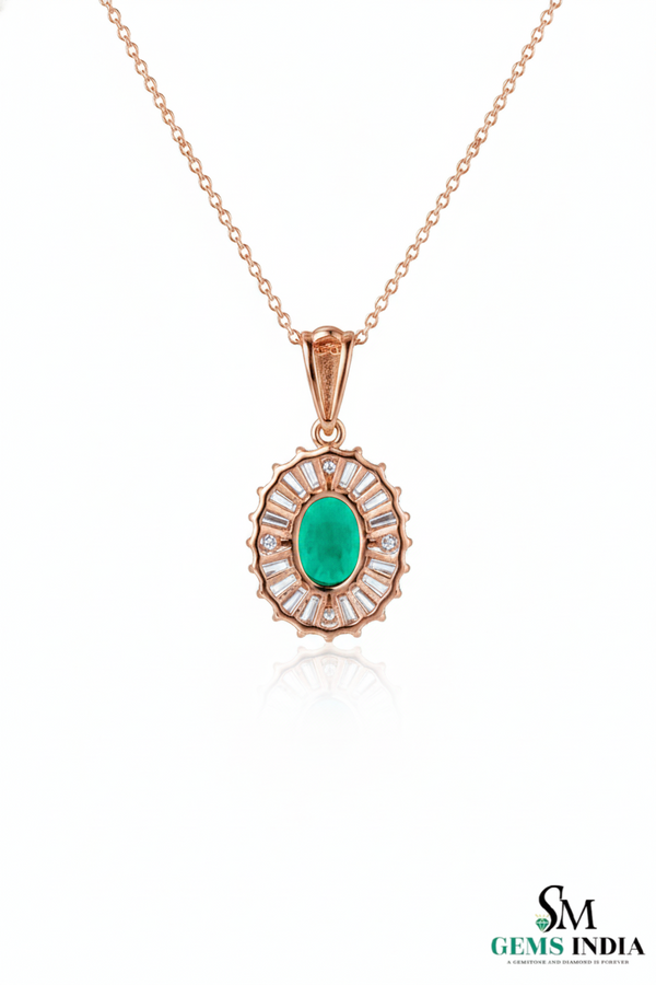 Oval Emerald & Diamond Halo Pendant - Vintage Sunburst Emerald Pendant