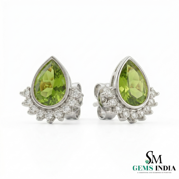 Pear Cut Peridot Stud Earrings with Diamond Halo - Elegant Gold Jewelry