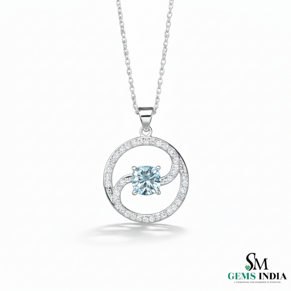 Cushion Cut Aquamarine Diamond Swirl Circle Pendant For Woman