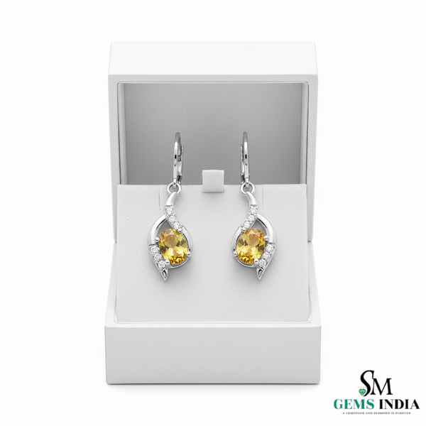 Oval Shape Natural Swirl Design Citrine Diamond Dangle Earring – Elegant Everyday Wear