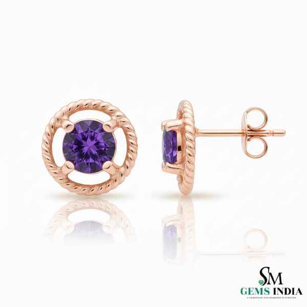 Natural Round Amethyst Gold Stud Earrings with Twisted Rope Setting