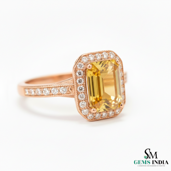 Elegant Emerald Cut Citrine Halo Ring for Women - November birthstone ring