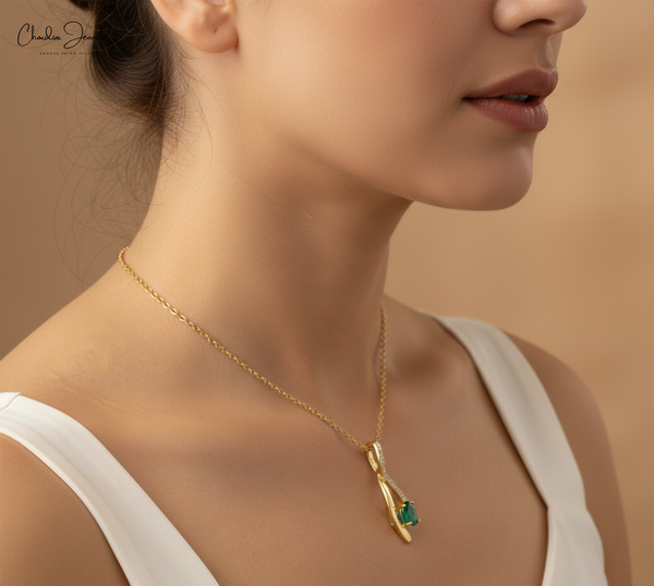 Oval Shape Natural Green Emerald & Diamond Twist Pendant - Green Gemstone Jewelry