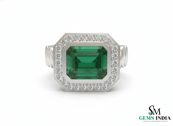 Moderner, natürlicher Smaragdring im Smaragdschliff mit Diamanten, 4 Karat Verlobungsring