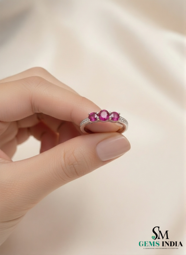 Minimalist Round Natural Ruby Three-Stone Diamond Ring Fine Jewelry Gift