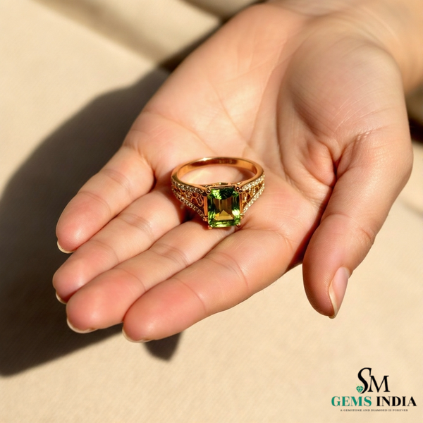 Natural Green Peridot & Diamond Ring – Emerald Cut in 14k and 18k Gold