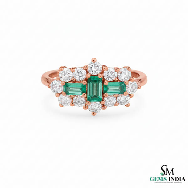 Three Stone Emerald and Diamond Cluster Ring – Fine Gold Jewelry