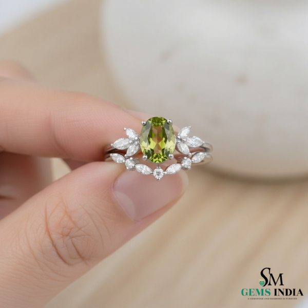 Natural Oval Peridot Diamond Floral Ring - Nature Inspired Gold Ring