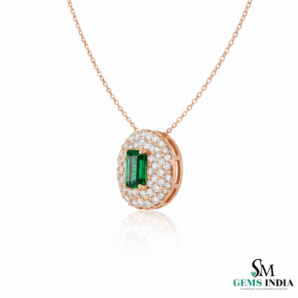 Emerald Cut Green Emerald & Diamond Halo Pendant Necklace