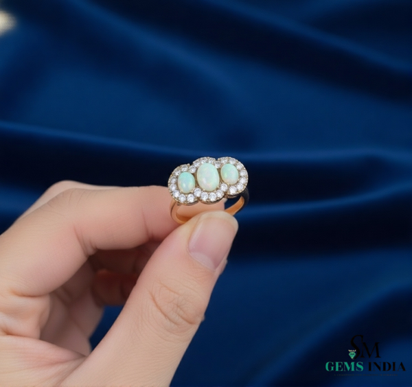 Oval and round Opal Diamond Halo Ring Vintage Style Gemstone Ring