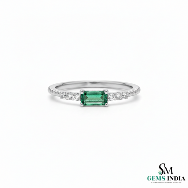 Mini Style Natural Emerald Baguette And Diamond Gift Ring - 14K Solid Gold Women Real Emerald Ring