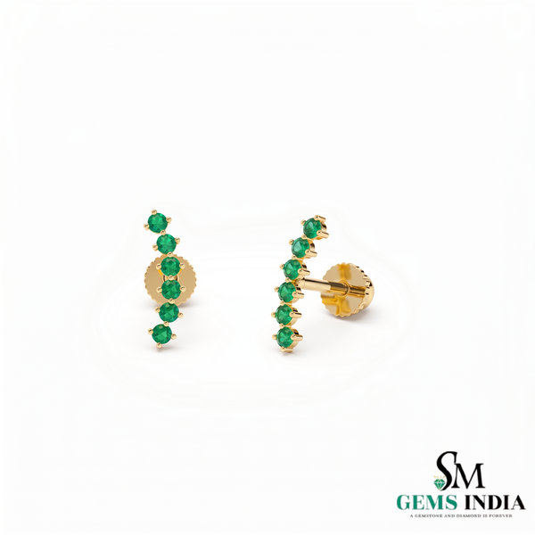 Round Emerald Vertical Bar Earrings in 14K Gold – Elegant Graduated Green Stone Stud Earrings