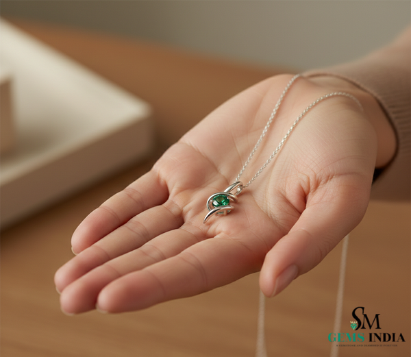 Natural Emerald Round Stone Curved Twist Pendant - Green Gemstone Jewelry