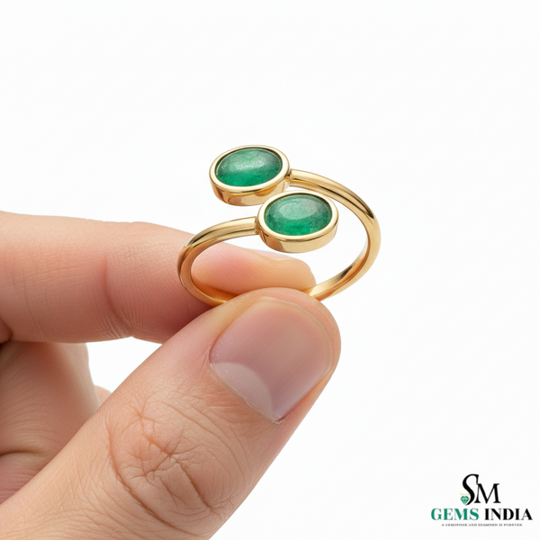 Double Oval Emerald Gold Ring – Modern Bypass Statement Ring