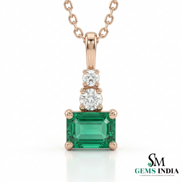 Emerald Cut Green Emerald Pendant with Double Round Diamond Accent
