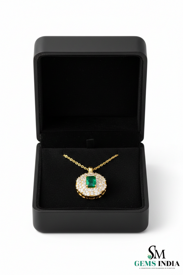 Emerald Cut Green Emerald & Diamond Halo Pendant Necklace