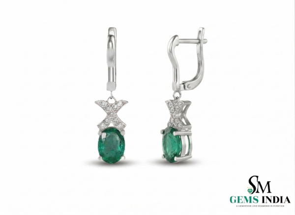 Luxury 3.90 carat Natural Emerald Oval Earrings with Sparkling Diamond X Motif