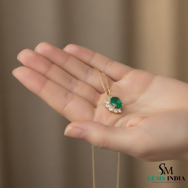 Elegant Oval Emerald & Diamond Half-Halo Pendant Anniversary gift for her