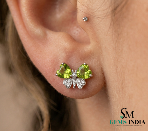 Green Peridot Heart Shape Earrings with Diamond Accent – Elegant Stud Earrings