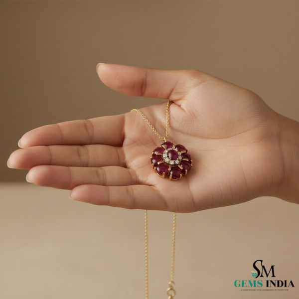 Classic Cabochon Natural Ruby Floral Pendant Necklace – Elegant Fine Jewelry