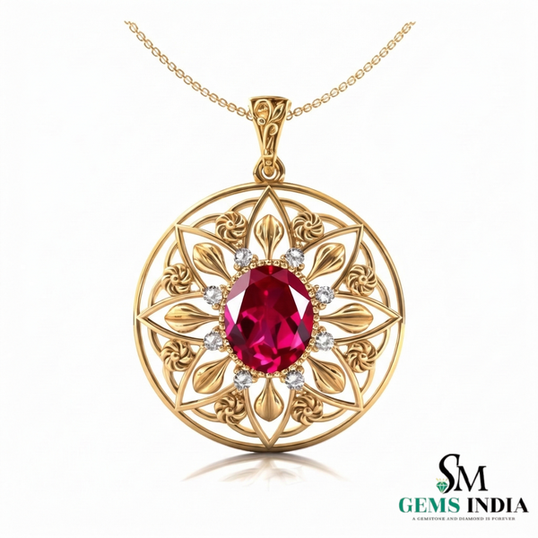 Oval Red Ruby Statement Pendant Intricate Floral Gold Jewelry