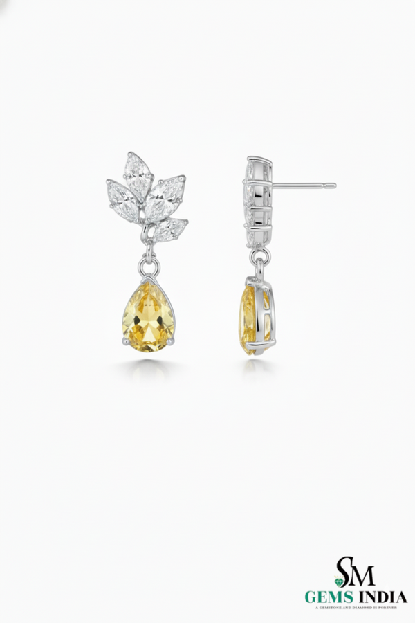 Pear Cut Yellow Citrine Drop Earrings with Leaf Moissanite - Elegant Gold Jewelry Gift
