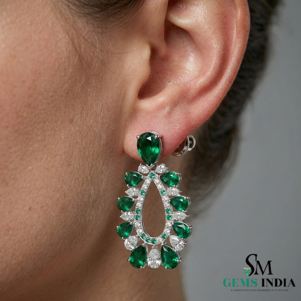Pear Shape Emerald &; Diamond Drop Earrings in 18k Gold – Statement Jewelry