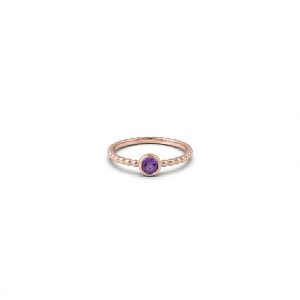 Dainty Amethyst Solitaire Ring with Beaded Band – February Birthstone Jewelry