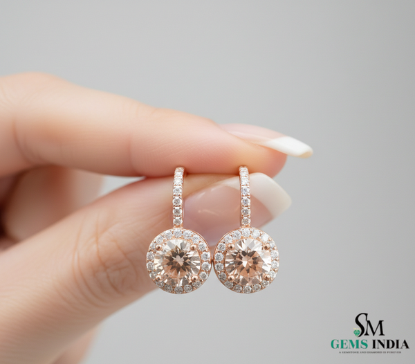 Round Cut Morganite Halo Earrings with Diamond Accents