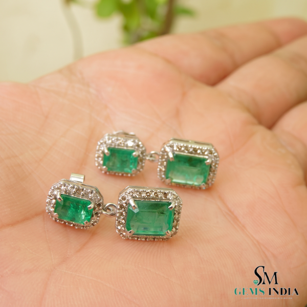 Emerald cut Natural Emerald & Double Drop Halo Earrings in 14K Gold Classic Vintage Dangle Design