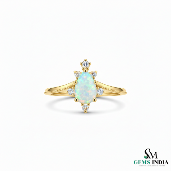 Pear Shape Opal Diamond Ring in 14K Gold Elegant Halo Ring October Birthstone Jewelry