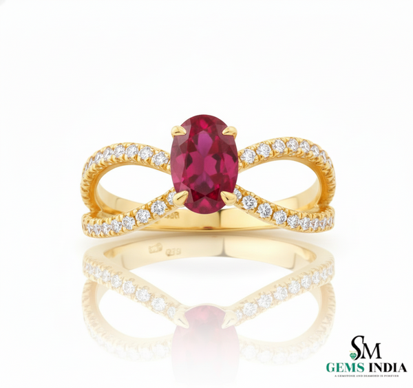 Oval Ruby Diamond Infinity Ring in 14k Gold Romantic Diamond Crossover Ring