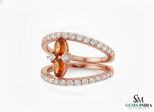 Pear Cut Citrine & Diamond Open Band Ring in 14k Gold - Statement Ring