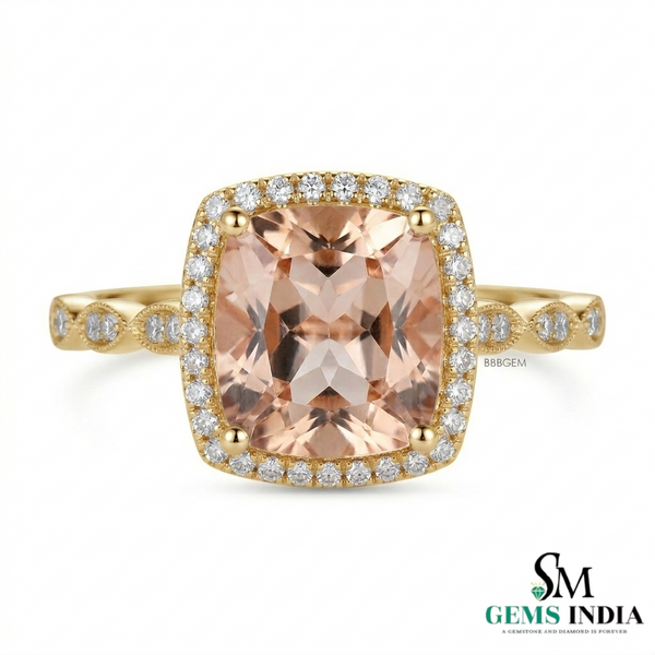 Cushion Cut Peach Statement Morganite Halo Ring with Brilliant Diamond Border