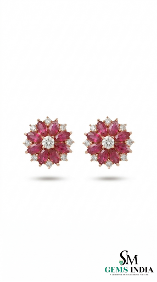 Marquise Ruby Flower Stud Earrings with Diamonds - July Birthstone Jewelry