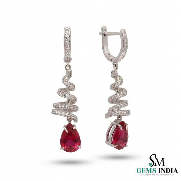 Teardrop Ruby Dangle Earrings with Diamond Spiral Design - Ruby Jewelry for Women