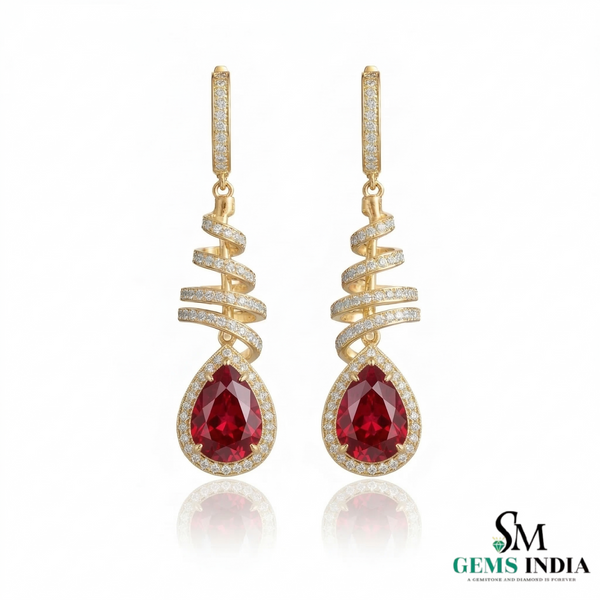 Teardrop Ruby Dangle Earrings with Diamond Spiral Design - Ruby Jewelry for Women