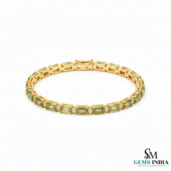 Elegant Emerald Cut Green Gemstone & Diamond Tennis Bracelet