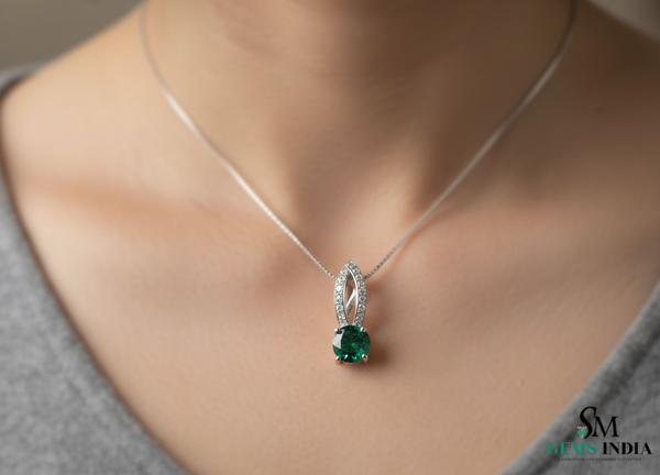 Round Faceted Emerald Solitaire Pendant with Diamond Loop - Green Gemstone Jewelry