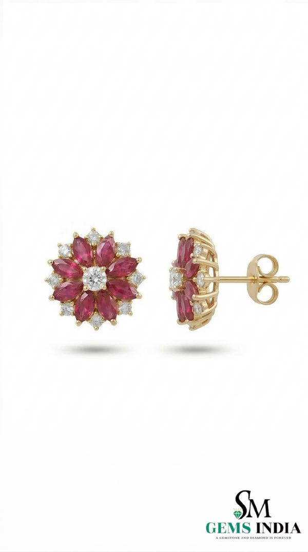 Marquise Ruby Flower Stud Earrings with Diamonds - July Birthstone Jewelry